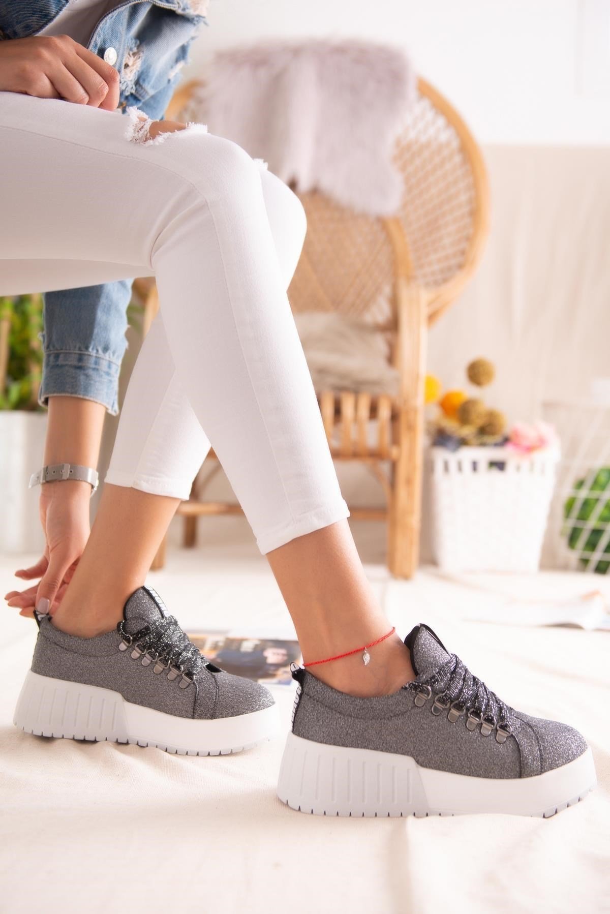 Sage Platin Simli Bağcıklı Yüksek Tabanlı Casual Sneakers