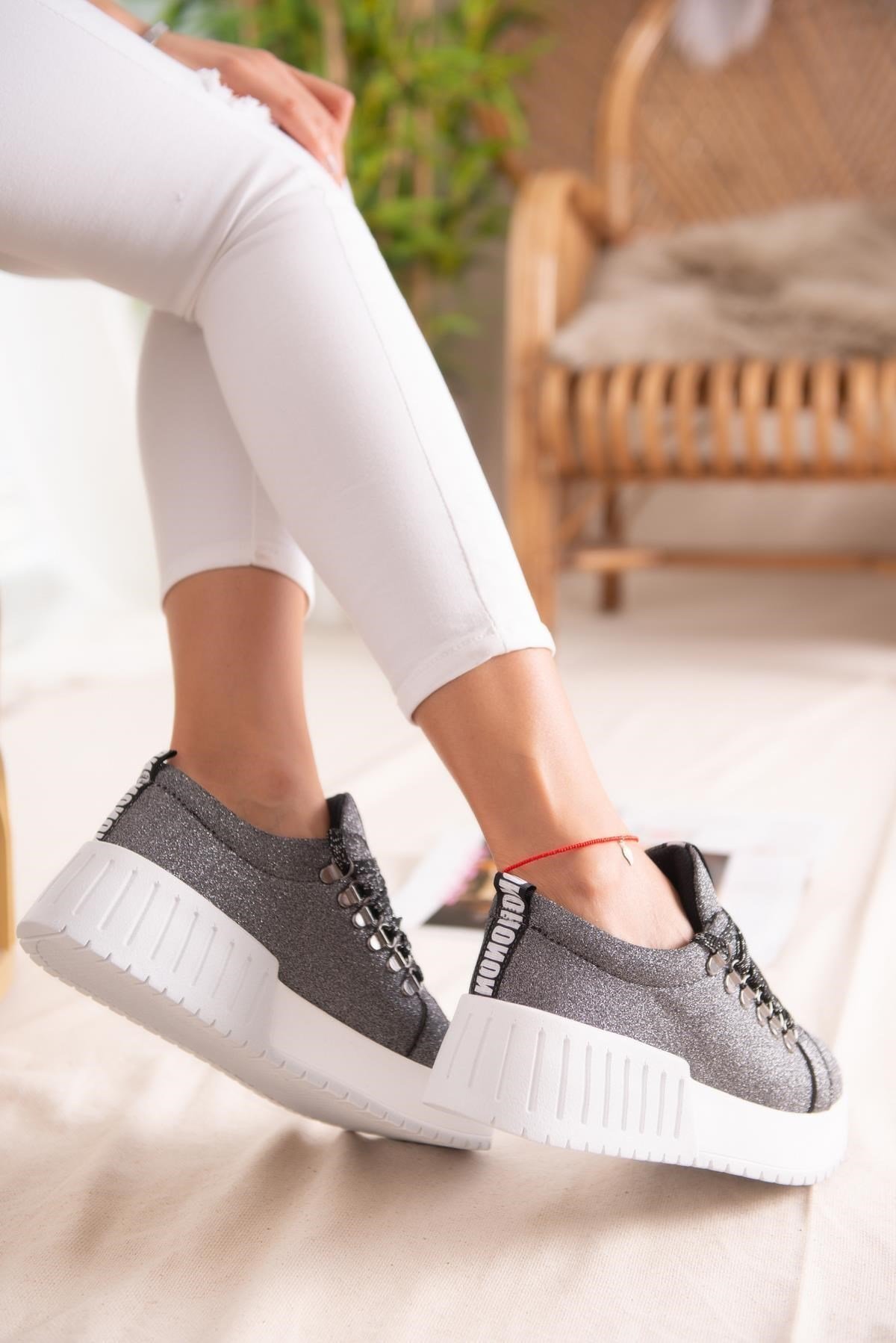 Sage Platin Simli Bağcıklı Yüksek Tabanlı Casual Sneakers