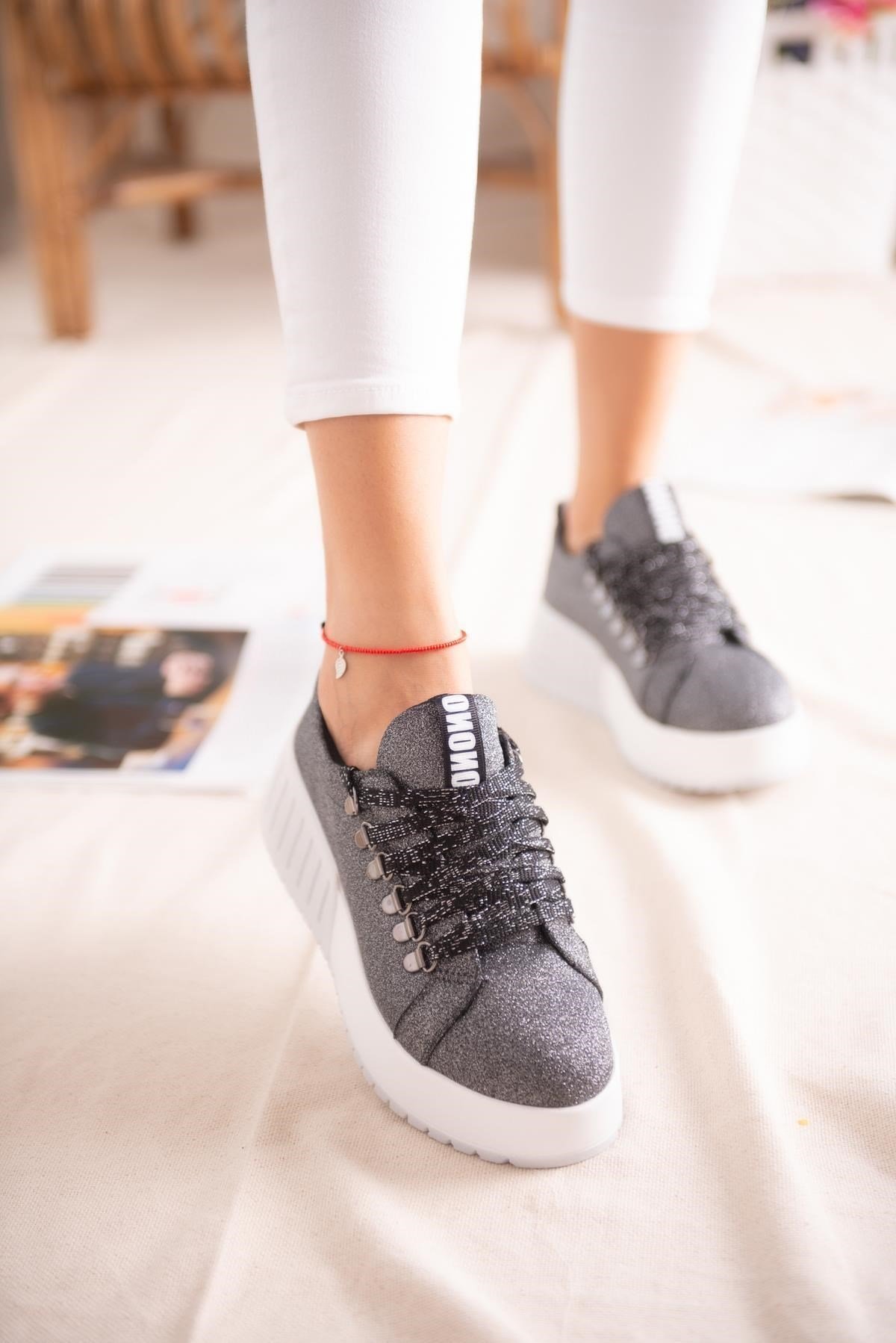 Sage Platin Simli Bağcıklı Yüksek Tabanlı Casual Sneakers