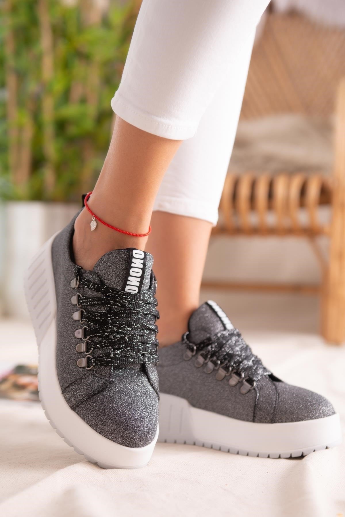 Sage Platin Simli Bağcıklı Yüksek Tabanlı Casual Sneakers