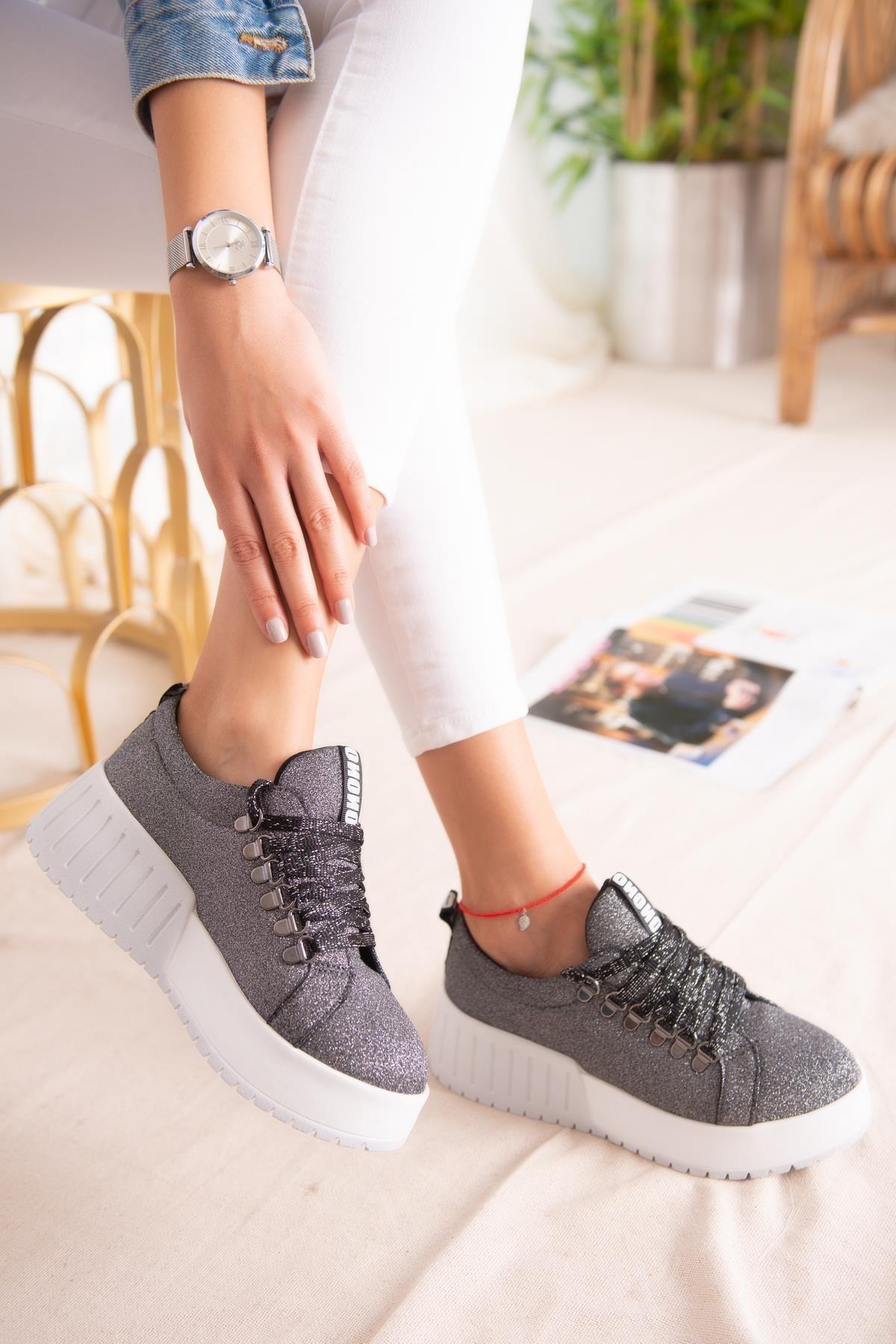 Sage Platin Simli Bağcıklı Yüksek Tabanlı Casual Sneakers