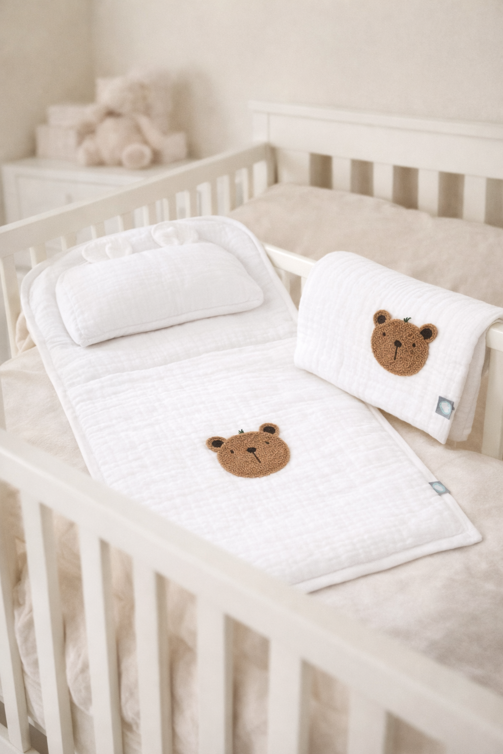Bebek Altaçma Seti Müslin Teddy Beyaz 40 x 70 cm