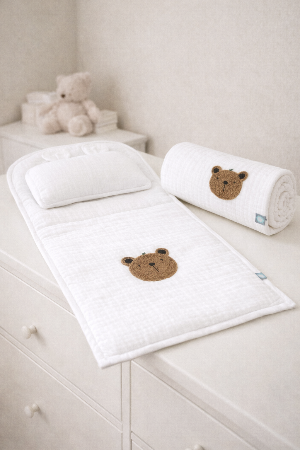 Bebek Altaçma Seti Müslin Teddy Beyaz 40 x 70 cm