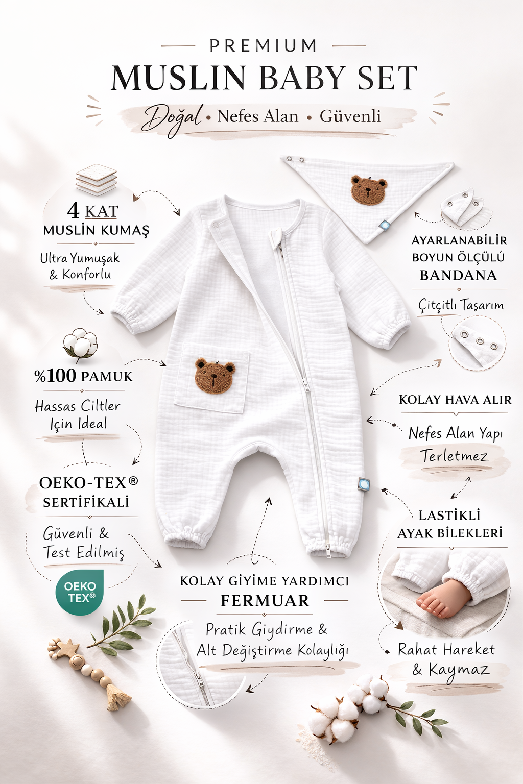 Bebek Tulum Seti Müslin 2'li Teddy Beyaz