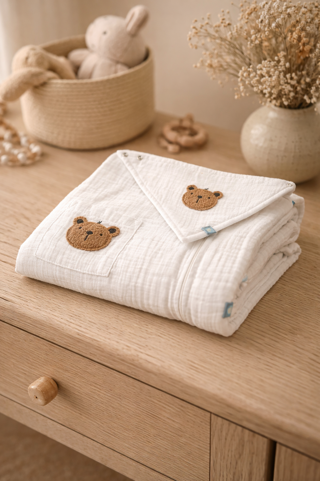 Bebek Tulum Seti Müslin 2'li Teddy Beyaz