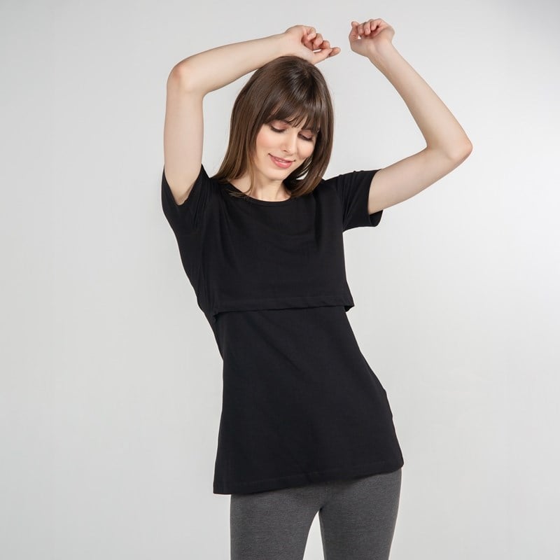 Basic Bisiklet Yaka - Emzirme T-Shirt - Siyah 