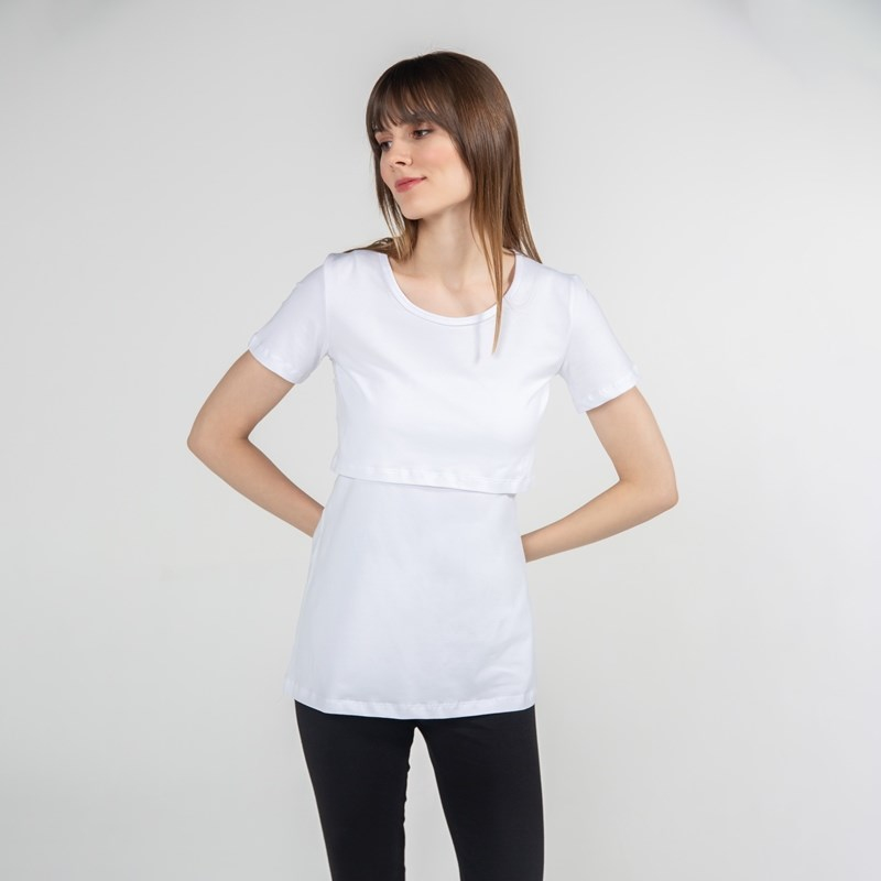 Basic Bisiklet Yaka - Emzirme T-Shirt - Beyaz