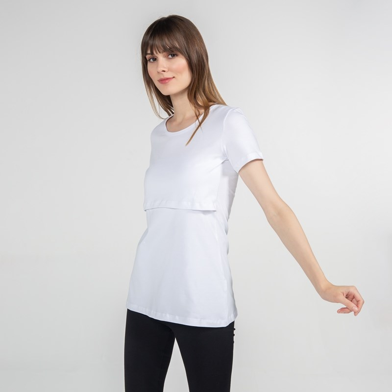 Basic Bisiklet Yaka - Emzirme T-Shirt - Beyaz