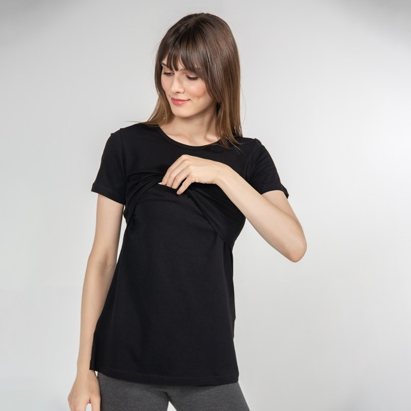 Basic Bisiklet Yaka - Emzirme T-Shirt - Siyah 