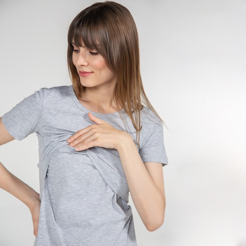 Basic Bisiklet Yaka - Emzirme T-Shirt - Gri