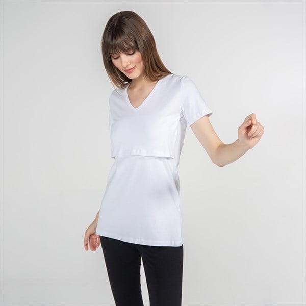 Emzirme T-Shirt V Yaka Nora Beyaz