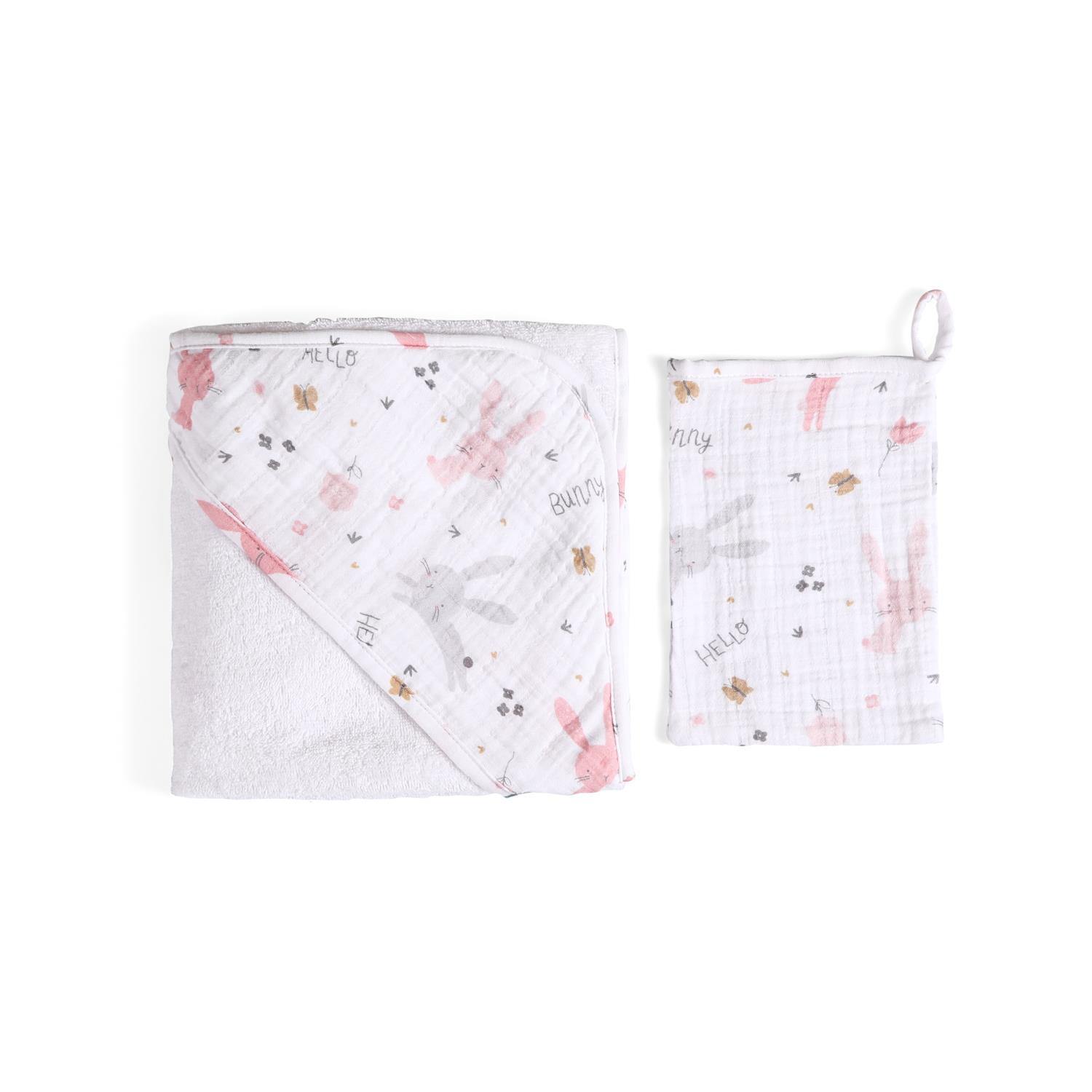 Üçgen Başlıklı Havlu + Kese - Rabbit - Pembe - 75 X 75 Cm