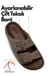 SERMODA , Terlik , Sermoda Erkek Terlik - Çift Toka Ayarlanabilir Esnek Taban Deri Erkek Terlik T Haki