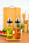 Yaren StyleAhşap Standlı 2`li 500 Ml Damlatmaz Akıllı Cam Yağlık-sirkelik Seti