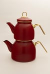 YarenStyle Bordo Emaye Çaydanlık Takımı 2 Lt | Altın Renkli Metal Kulplu Retro İndüksiyon Taban - Yaren Style