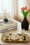 Gold Gül Detaylı Çerçeveli Sunum Tepsisi 33x18 cm | Yaren Style - Yaren Style