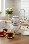 YarenStyle Papatyalı Emaye Çaydanlık Takımı 2 Lt | Pembe Puantiyeli Altın Kulplu - Yaren Style
