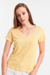 HN2584Sarı V yaka Çiçekli T-shirt