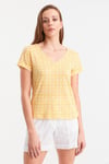 HN2584Sarı V yaka Çiçekli T-shirt