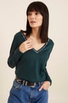 HN2897Yakası Boncuk İşlemeli V Yakalı T-Shirt
