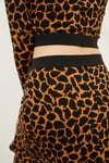 HN3869Kadın Leopar Desenli Bisiklet Yaka Uzun Kol Crop Örme Üst, Beli Lastikli Etek Uçları Volanlı Mini Boy Etek Takım