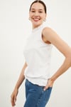 HN3892Beli Büzgülü Yaka ve Kolları Süs Dikişli T-shirt