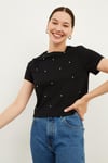 HN3898Kadın Bisiklet Yaka Kısa Kol Önleri Taş El İşlemeli Spor Şık kısa Boy Örme Pamuk Crop T-shirt