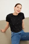 HN3898Kadın Bisiklet Yaka Kısa Kol Önleri Taş El İşlemeli Spor Şık kısa Boy Örme Pamuk Crop T-shirt