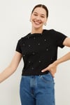 HN3898Kadın Bisiklet Yaka Kısa Kol Önleri Taş El İşlemeli Spor Şık kısa Boy Örme Pamuk Crop T-shirt