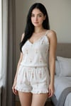 Şortlu Takımlar-Kadın Çiçek Desenli Şortlu Beyaz Pijama Takımı