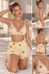 Şortlu Takımlar-Kadın Sarı Ayıcık Baskılı Dantel Detaylı Bralet ve Şortlu Pijama Takımı