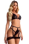 Fantazi Sütyen Külot Takım-Night Light Jartiyerli Seksi Siyah Sütyen Takım