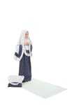 Kız Çocuk Namaz Elbisesi 4 Parçalı Seccadeli ve Çantalı Larcivert Rengi Yıldız Baskılı Kemer Desenli