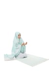 Kız Çocuk Namaz Elbisesi 4 Parçalı Seccadeli Ve Çantalı Mint Rengi Yıldız Baskılı Kemer Desenli