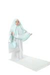 Kız Çocuk Namaz Elbisesi 4 Parçalı Seccadeli Ve Çantalı Mint Rengi Yıldız Baskılı Kemer Desenli