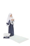 Kız Çocuk Namaz Elbisesi 4 Parçalı Seccadeli ve Çantalı Larcivert Rengi Yıldız Baskılı Kemer Desenli