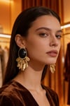Siyah Taşlı Gold Püsküllü Sallantılı Küpe