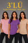 3’lü Kısa Kollu Bisiklet Yaka Basic Slim Fit T-Shirt - Pudra Pembe - Mor - Bej