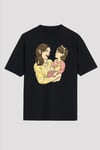 Anneler Günü Hediye Anne Kız Temalı Baskılı Oversize Bisiklet Yaka T-shirt - Siyah