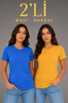 Basic Bisiklet Yaka Yazlık Slim Fit T-Shirt - Mavi - Hardal Sarısı