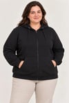 Battal Büyük Beden Üç İplik İçi Şardonlu Kapüşonlu Tam Fermuarlı Kışlık Sweatshirt - Siyah