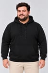 Erkek Battal Büyük Beden Üç İplik İçi Şardonlu Kapüşonlu Kanguru Cepli Kışlık Sweatshirt - Siyah