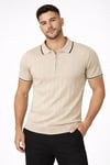 Erkek Fermuarlı Yaka Fitilli Triko Kısa Kollu Regular Fit Tişört T-shirt - Bej