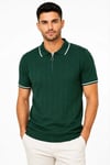 Erkek Fitilli Triko T-shirt Polo Yaka Yarım Fermuarlı Kısa Kollu Tişört - Yeşil