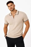 Erkek Fitilli Triko T-shirt Polo Yaka Yarım Fermuarlı Kısa Kollu Tişört - Bej