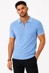 Erkek Fitilli Triko T-shirt Polo Yaka Yarım Fermuarlı Kısa Kollu Tişört - Açık Mavi