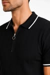 Erkek Fitilli Triko T-shirt Polo Yaka Yarım Fermuarlı Kısa Kollu Tişört - Siyah