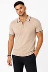Erkek Fitilli Triko T-shirt Polo Yaka Yarım Fermuarlı Kısa Kollu Tişört - Bej