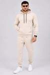 Erkek İki İplik Kapüşonlu Kanguru Cepli Sweatshirt Jogger Pantolon Alt Üst Eşofman Takımı -Bej