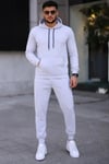 Erkek İki İplik Kapüşonlu Kanguru Cepli Sweatshirt Jogger Pantolon Alt Üst Eşofman Takımı -Beyaz
